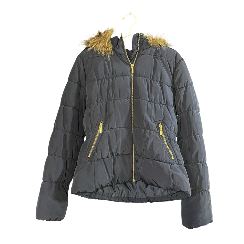 Women’s Navy Puffer Jacket Faux Fur Hood Zip Pockets Warm Winter Coat Size 14